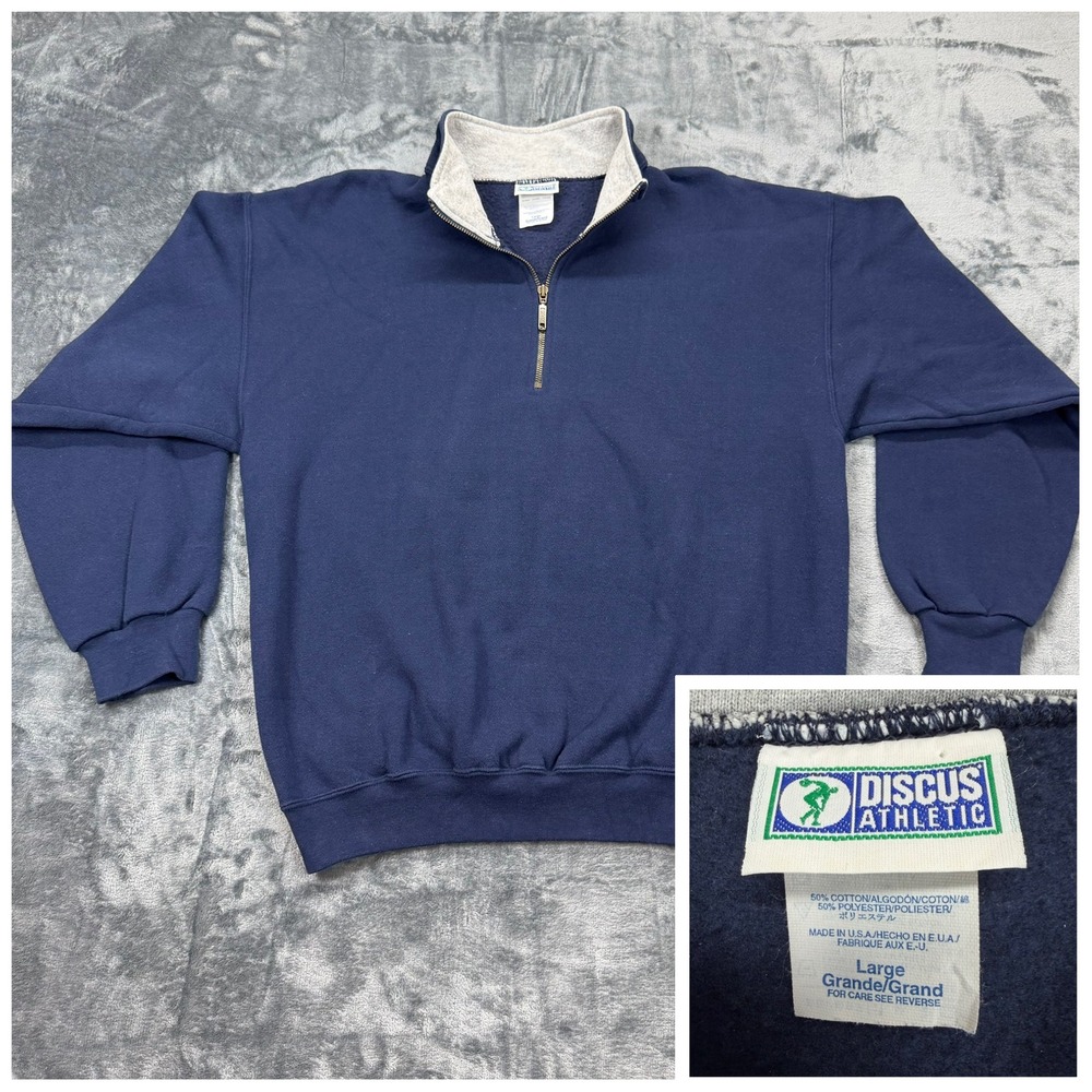 VTG 90s Blank Discus Athletic Navy Blue 1/4 Zip Sweatshirt Pullover‎ USA Mens L